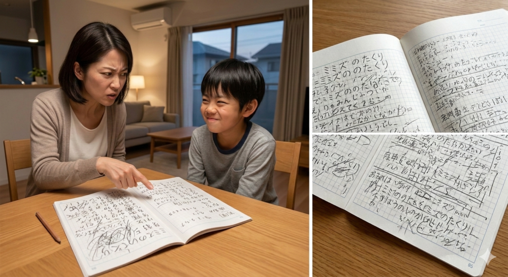 母親に叱られる少年