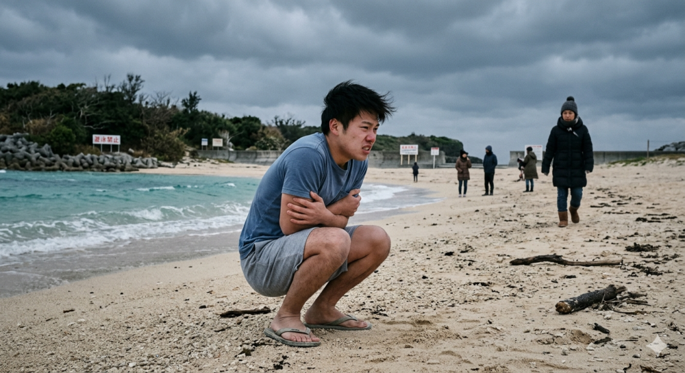 海で寒そうにしている少年