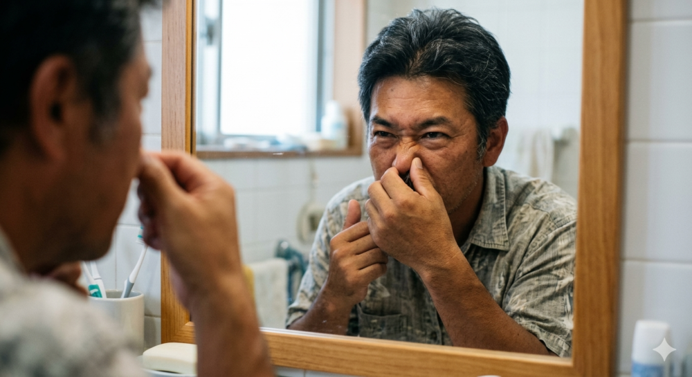 鼻をつまむ男性