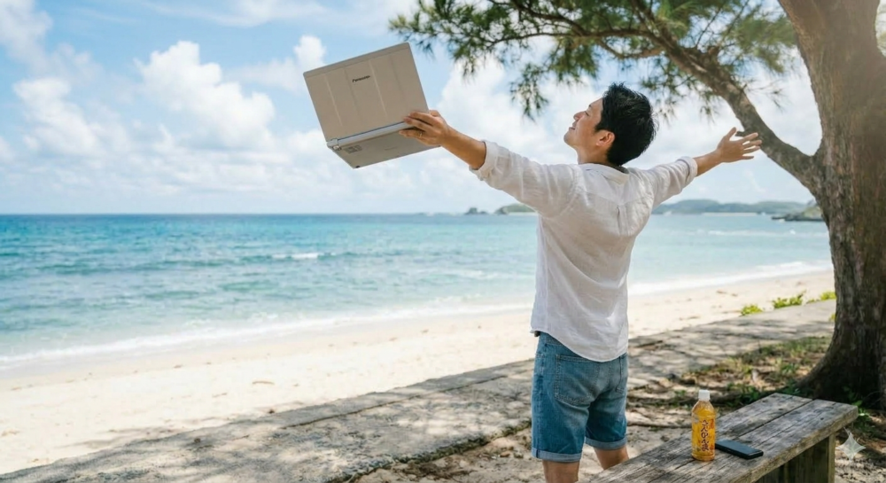 海辺で片手にパソコンを持ってリラックスをする男性