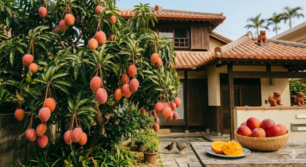民家の木になるマンゴー