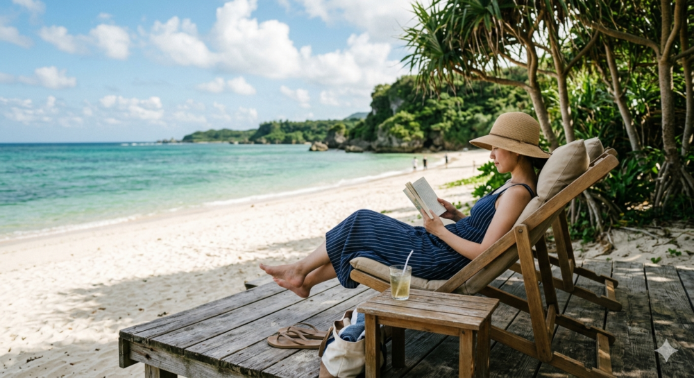 沖縄のビーチで読書をする女性